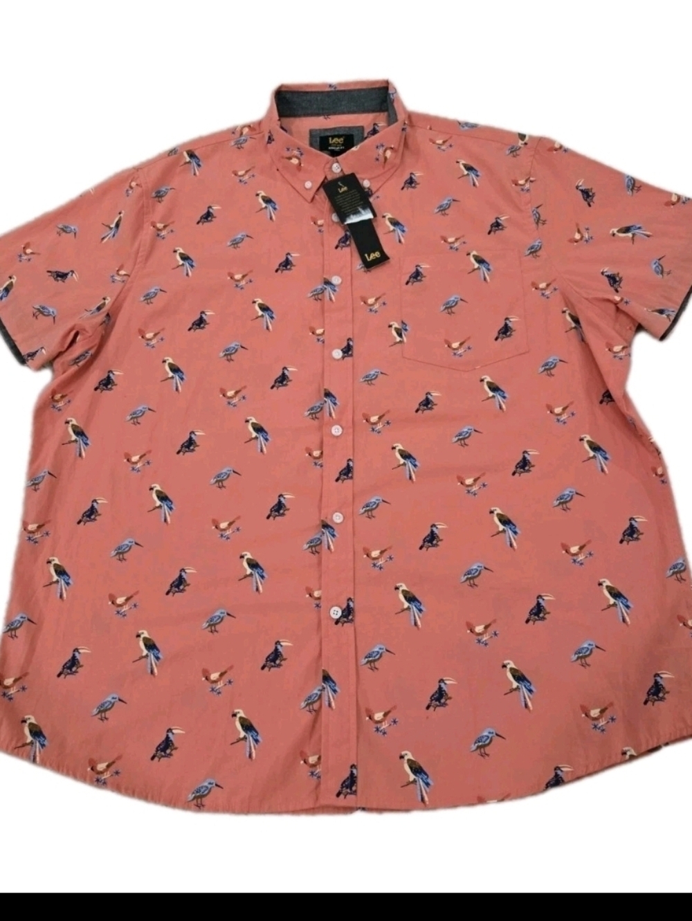 Lee XXL Coral Bird Print Button Up Shirt Cotton Short Sleeve Casual - Picture 2 of 13